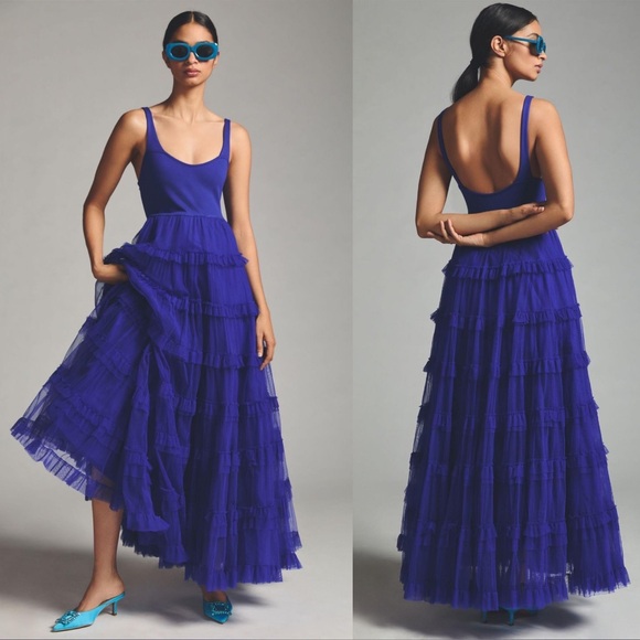 New Anthropologie Let Me Be Tiered Tulle Maxi Dress Blue - Picture 3 of 8